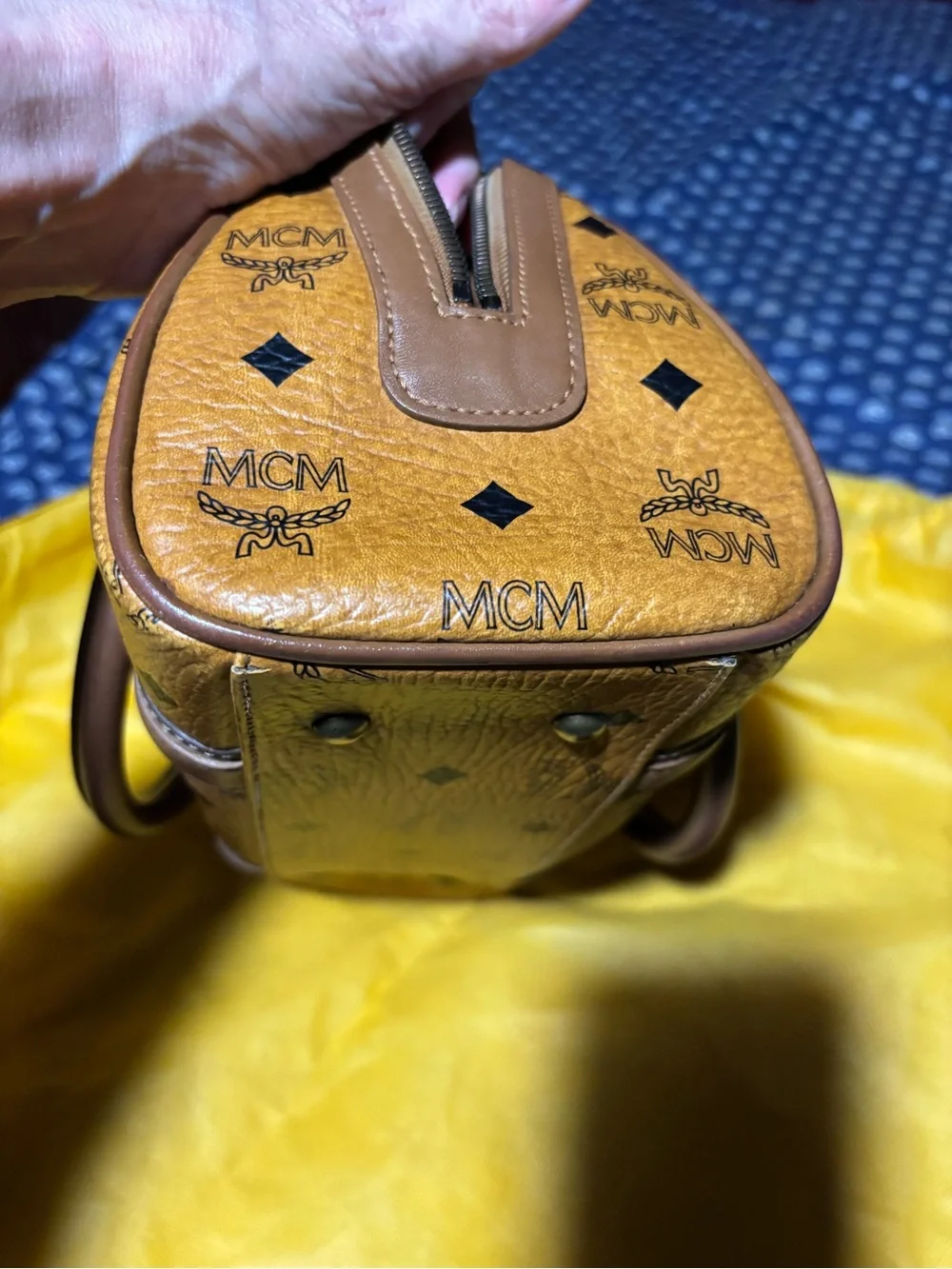 MCM Cognac Monogram Leather Satchel with Gold Hardware